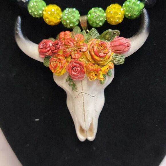 Handmade Beaded Necklace/Choker with Multi Colored Flowers on Cow Skull Pendant - Picture 2 of 8